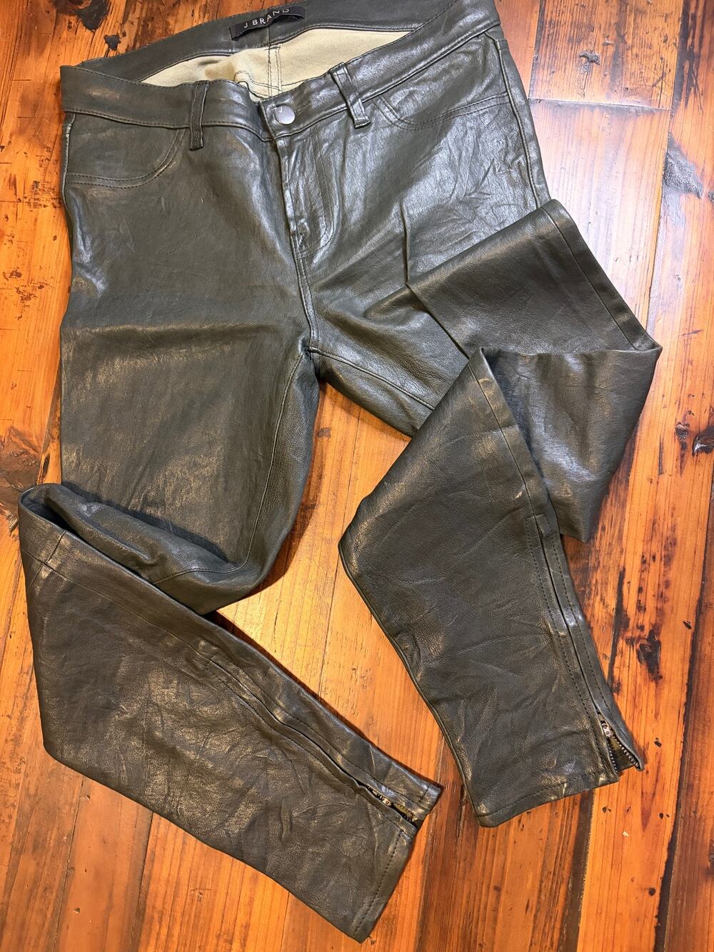 J Brand French stretch lamb leather Ankle Zip Skinny Pants Black/Dark Green